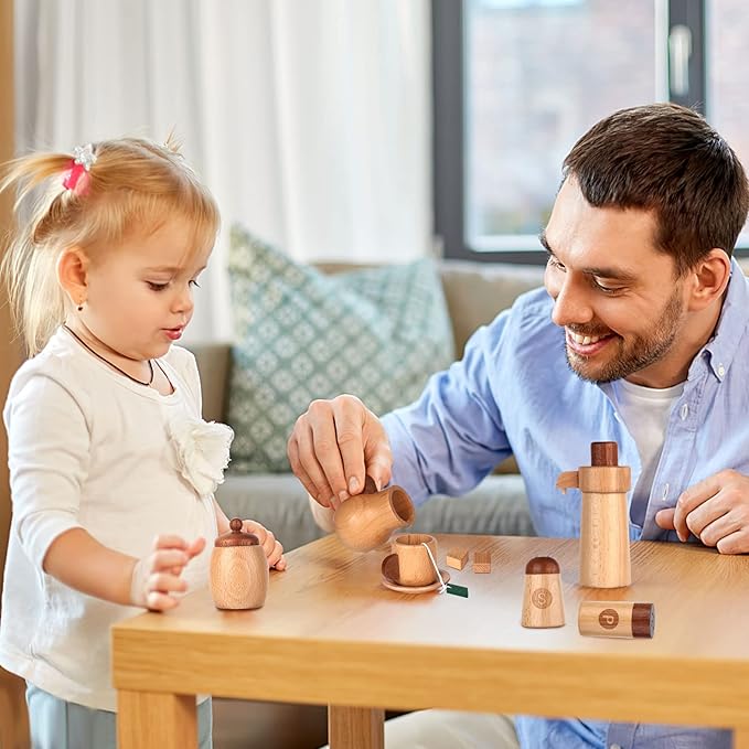 WHOHOLL Wooden Tea Set for Little Girls, Natural Wood Toys Tea Party Set, Kids Tea Set for Toddlers 1-3, Baby Play Tea Cup Set for Pretend Play, Play Kitchen Accessories with Storage Bag