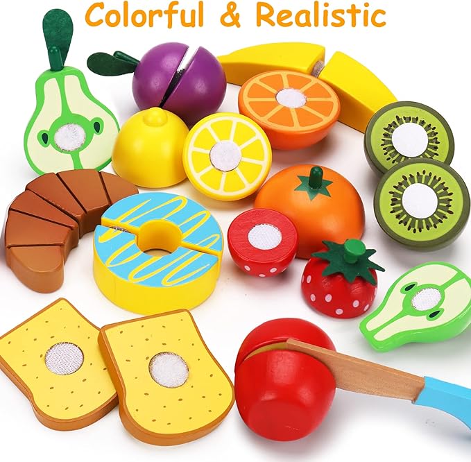 Wooden Pretend Play Food Sets Cutting Toys for Kids Kitchen Accessories Playset Montessori Toys with Toy Knife Velcro Fruit Board Learning Educational Fine Motor Skills Toddler Toys Birthday Gift