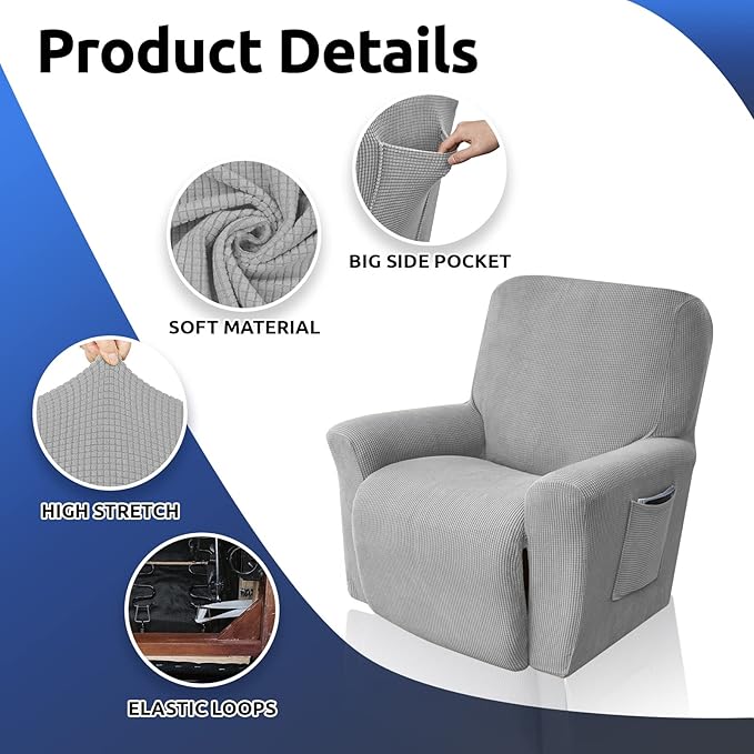 KEKUOU Recliner Chair Covers Lazy Boy Recliner Covers Stretch Couch Cover Slipcovers 1 Piece Furniture Protector with Elastic Bottom for Dog,Kids.(Recliner, Silver)