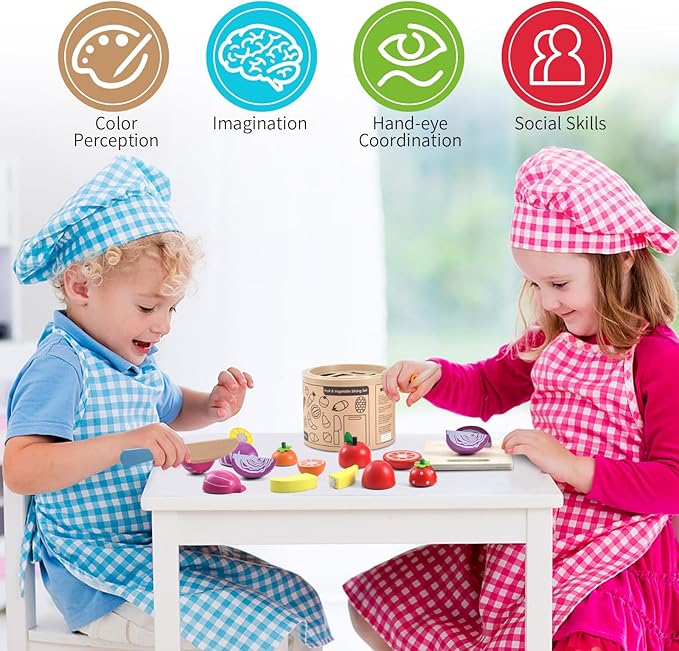 WHOHOLL Wooden Play Food for Kids Kitchen Playset, Play Kitchen Accessories Pretend Cutting Food Montessori Toys for 2+ Year Old with Basket, Toy Food for Fine Motor Skills