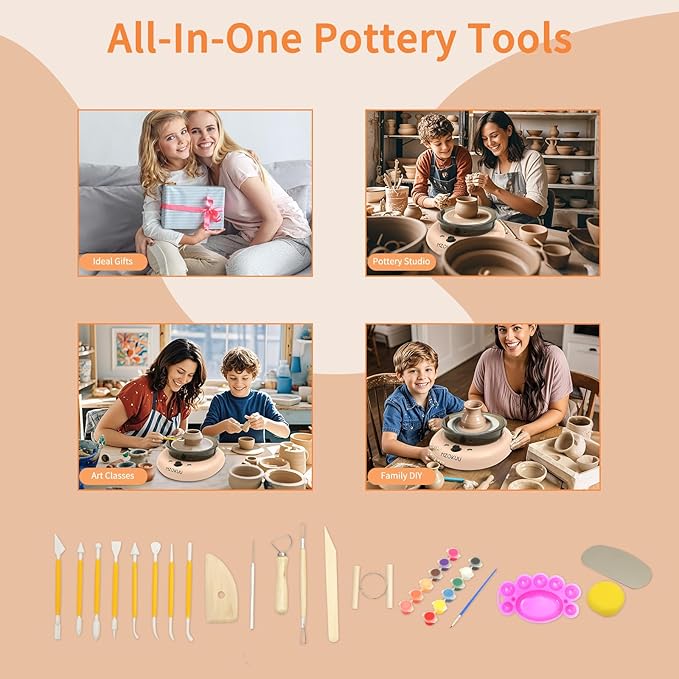 MZOKUU Mini Pottery Wheel Machine for Kids and Beginners, Adjustable Speed, Complete Pottery Kits with Air Dry Clay, Sculpting Tools, Art & Crafts Kits for Home DIY (Pink)