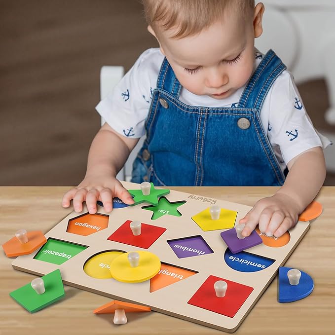 Roberly Shape Wooden Puzzles for Toddlers 1-3, Montessori Toys Peg Puzzle Geometric Color Matching Board for Girls Boys 12-18-24 Months Preschool Learning Educational Toys Birthday Gifts for Kids