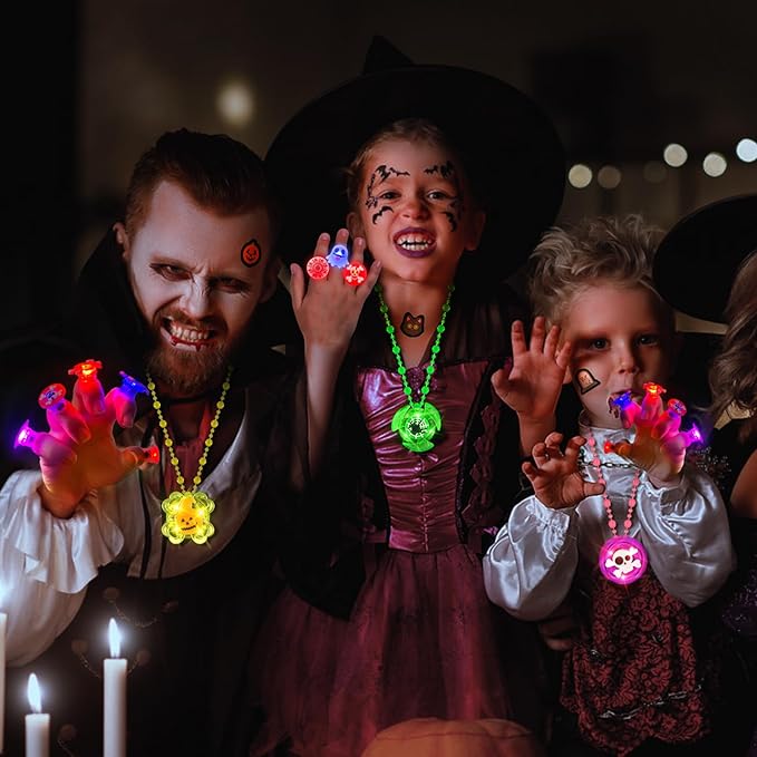 100 PCS Halloween Party Favors for Kids, Halloween Glow in the Dark Toys Rotating Spin Light Up Necklaces, LED Rings Decorations, Halloween Trick or Treats Classroom Goodie Bag Fillers Party Supplies