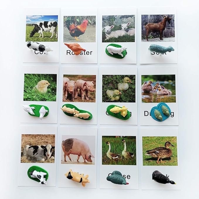 MEROCO Montessori Animal Match - Miniature Farm Animal Toy Figurines with Matching Cards Montessori Language Materials Preschool Learning Toy NEWT033