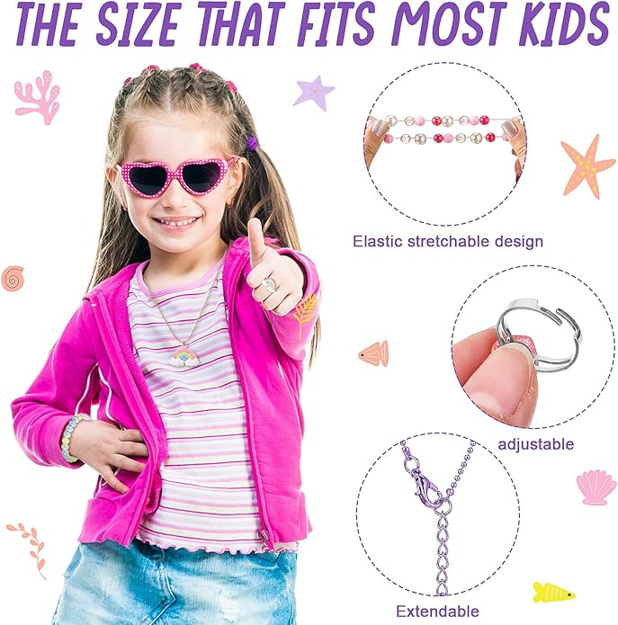 12 PCS Girls Necklaces Bracelets and Rings Set with Unicorn Mermaid Rainbow Heart Shell Star Pendants Girls Jewelry Set Party Favors Friendship Pretend Dress Up Play Jewelry (Cute Style)