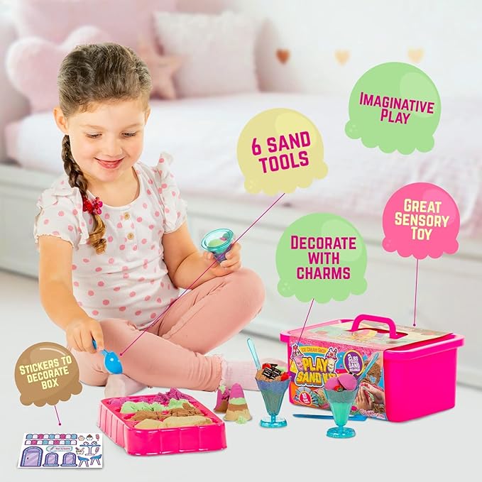 GirlZone Ice Cream Shop Play Sand for Kids, 22pcs Moldable Sand Kit - Serving Tools, Glasses, Spoon, Decorations, Stickers & 2lbs Colorful Sand, Fun Kids Sensory Toys, Ideal Easter Gifts for Kids