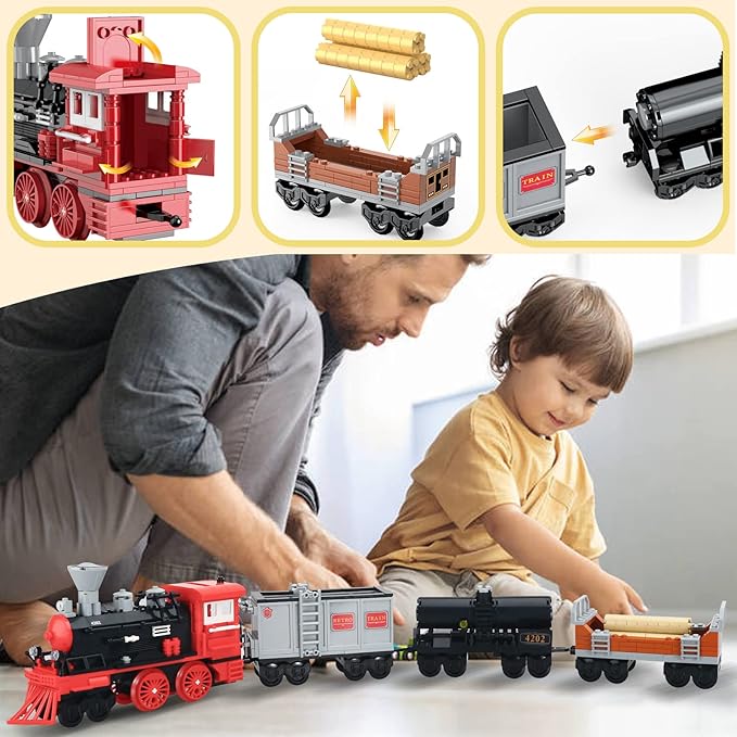 BRICK STORY City Freight Train Building Set, Retro Cargo Train Model, Classic Steam Train Building Blocks Toys, Creative Gift Train for Boys Kids Aged 8-14, 623 Pieces