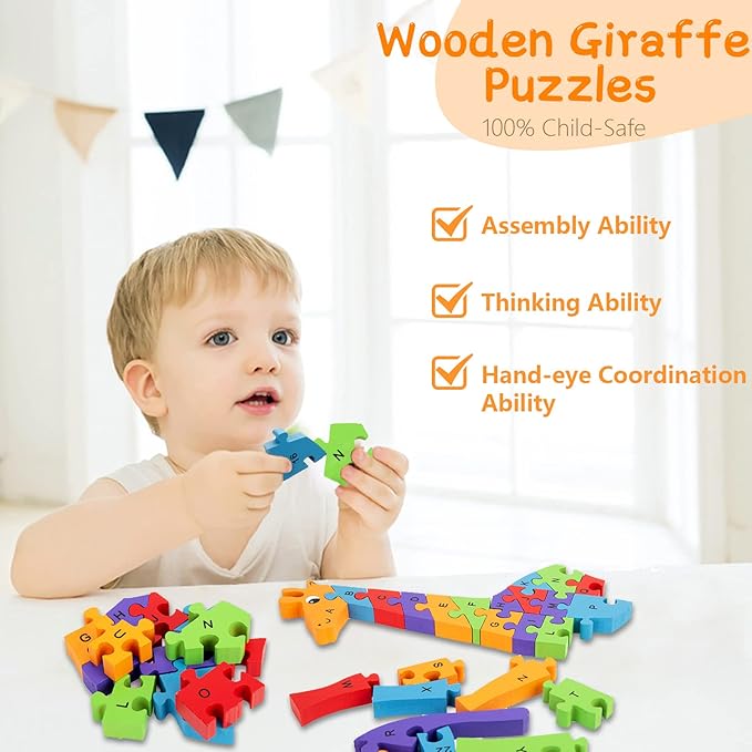 LovesTown Giraffe Wooden Puzzle, 26PCS Jigsaw Alphabet and Number Blocks, Educational Toy for Toddlers, Ideal for Gifting and Learning
