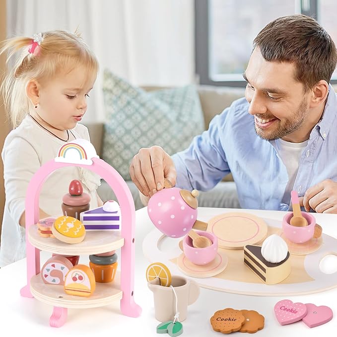 Atoylink Wooden Tea Party Set for Little Girls Toys Kids Play Kitchen Toddler Tea Set with Play Food & Cupcake Stand Pretend Play Wooden Toys for 2 3 4 5 6 Year Old Girl Christmas Birthday Gift, Pink