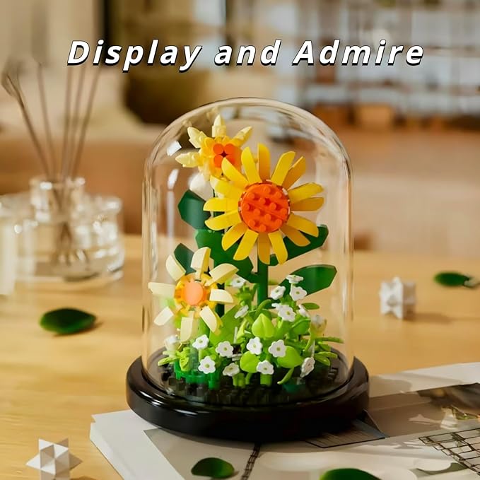 Sunflower Flowers Micro Bricks Building Set with Dust Cover,Artificial Flowers Botanical Collection for Home Decor, Creative Gifts for Adults Women Boys Girls,310 Pieces