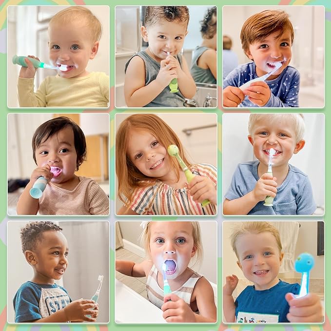 Papablic Toddler Sonic Electric Toothbrush for Ages 1-3 Years, Baby Electric Toothbrush with Cute Dino Cover and Smart LED Timer, 2 Brush Heads (Max)