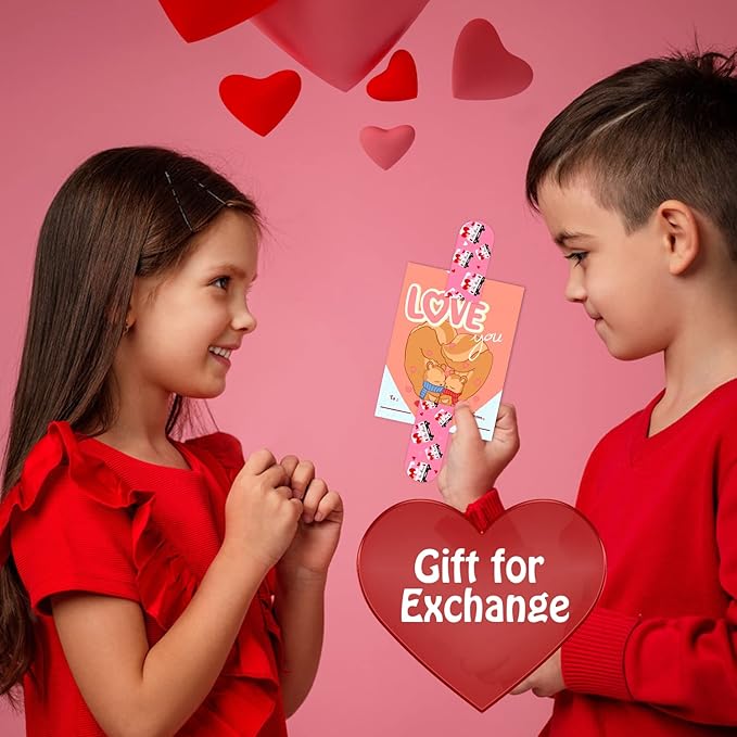 Leesgel 32pcs Valentines Cards for Kids Classroom, Valentines Day Surprise for Kids School with Toys Slap Bracelets, Class Valentines Cards Bulk for Party Favors Supplies