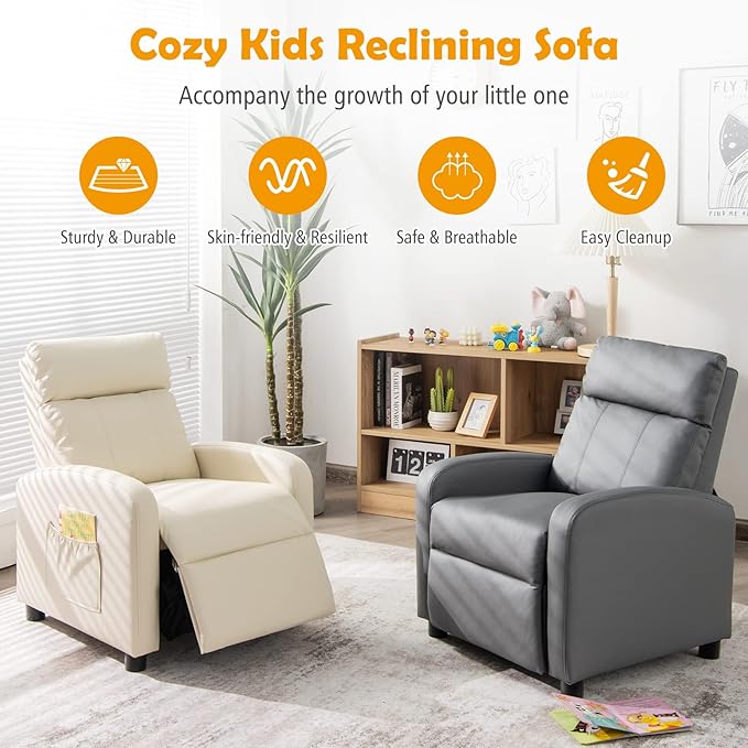 Costzon Kids Recliner, Adjustable PU Leather Lounge Chair w/Side Pockets, Footrest, Headrest for Kids Room & Play Room, Easy to Clean, Padded Recliner Sofa for Children Boys Girls Aged 3-12 (Grey)