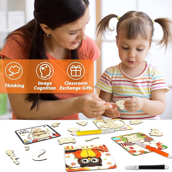 12 Pack Fall Thanksgiving Wooden Puzzles for Toddlers Autumn Puzzles Coloring Craft Kits for Kids Boys Girls Montessori Toys Harvest Party Favors Treat Bag Gifts Educational Learning Jigsaw Puzzle