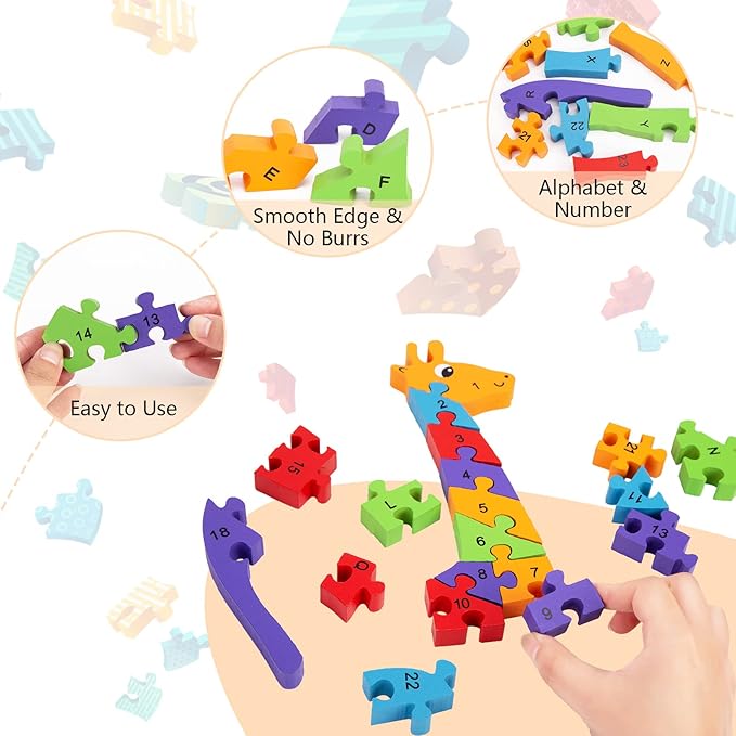 LovesTown Giraffe Wooden Puzzle, 26PCS Jigsaw Alphabet and Number Blocks, Educational Toy for Toddlers, Ideal for Gifting and Learning