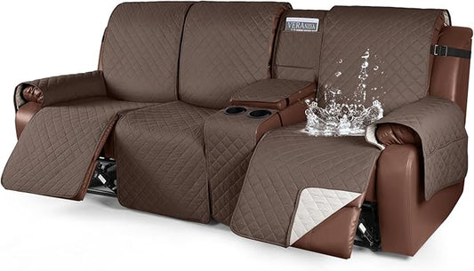 KinCam100% Waterproof Recliner Sofa Cover with Console, Non-Slip Recliner Couch Covers for 3 Seat, Reclining Sofa Cover Furniture Protector with Elastic Straps for Kids, Pets, Brown