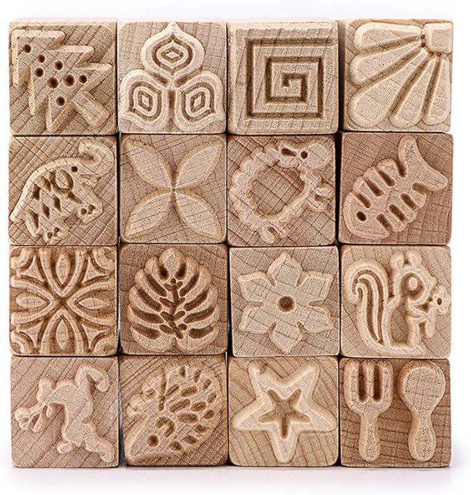 OwnMy Set of 16 Clay Modeling Pattern Stamp Kit, Wooden Clay Pottery Stamps Pottery Tool Wood Block Stamp, Clay Rolling Pin Textured Hand Roller Wooden Handle Pottery Tools Set