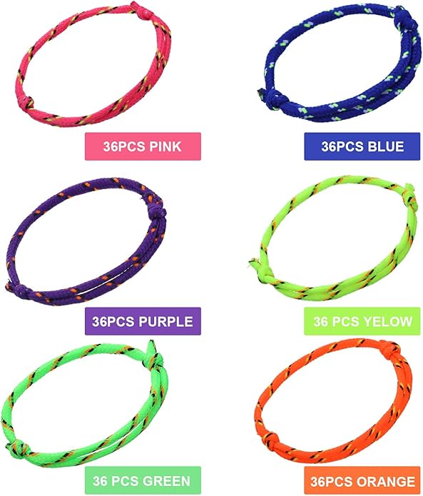 WILLBOND 216 Neon Friendship Bracelets Bulk for Kids Birthday Classroom Student Gift Adjustable Paracord Bracelets Rope Woven Neon Colors Valentine Day Gift Girls Boy Party Favors