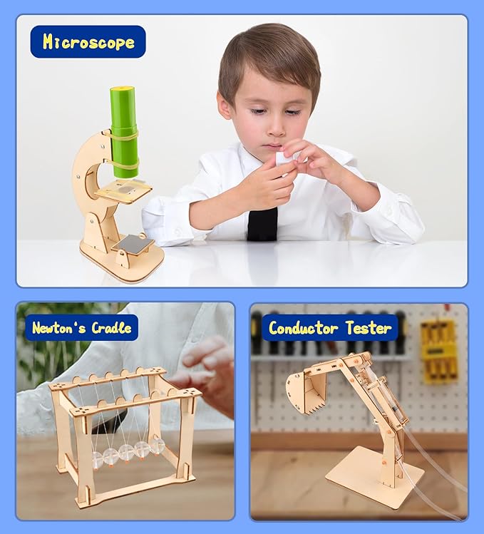 6-in-1 STEM Science Kits for Kids, STEM Kits for Kids Ages 8-10, STEM Engineering Toys for Boys and Girls, Wooden Building Crafts Kits Science Experiment Projects for Kids Birthday Gifts for Age 8-12