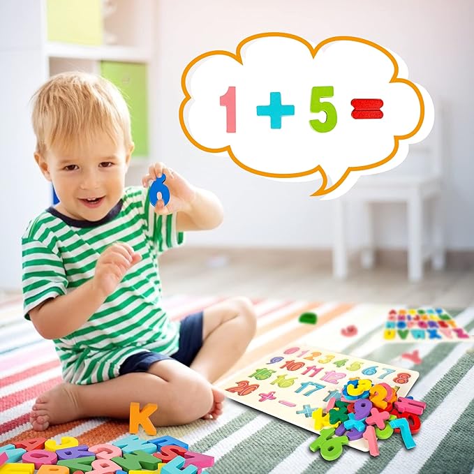 Attmu Wooden Puzzles for Toddlers, Alphabet Puzzle and Number Puzzle, 2 in 1 Preschool Educational Learning Toys with Chunky Wood ABC Puzzle Board, for Girls Boys Kindergarten Set of 2