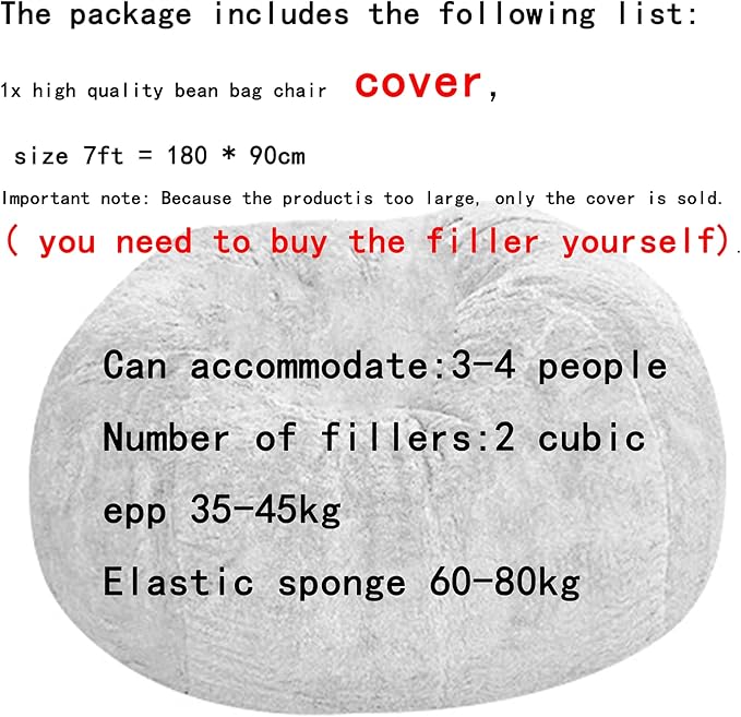 Giant Fur Bean Bag Cover (Cover only, no Filler) Living Room Furniture Big Round Soft and Fluffy Artificial Fur Bean Bag Lazy Sofa Bed Cover (7FT+New Light Gray)
