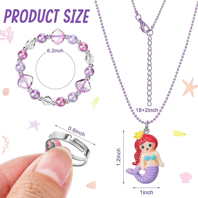 12 PCS Girls Necklaces Bracelets and Rings Set with Unicorn Mermaid Rainbow Heart Shell Star Pendants Girls Jewelry Set Party Favors Friendship Pretend Dress Up Play Jewelry (Cute Style)