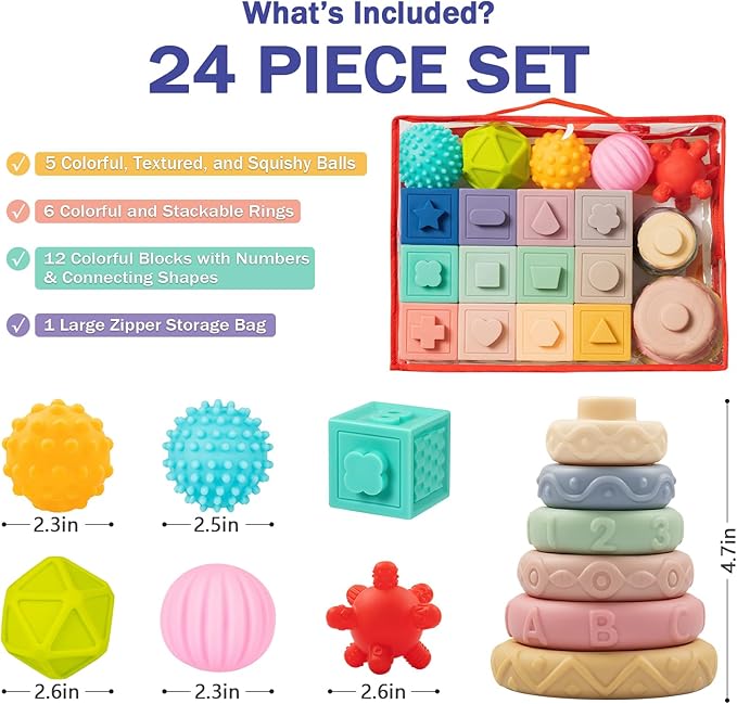Jyusmile Baby Toys 6-12 Months, Montessori Toys for Babies 6-12 Months, Incl Stacking Building Blocks & Soft Infant Teething Toys & Sensory Balls for Toddlers 0-3-6-9-12 Months
