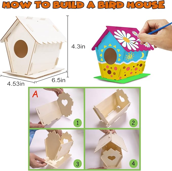 hapray 12 Pack Bird House Kit, DIY Birdhouse Kits, Wooden Crafts Arts for Children to Build and Paint (Includes Paints & Brushes) for Kids Girls Boys Toddlers Christmas Gift