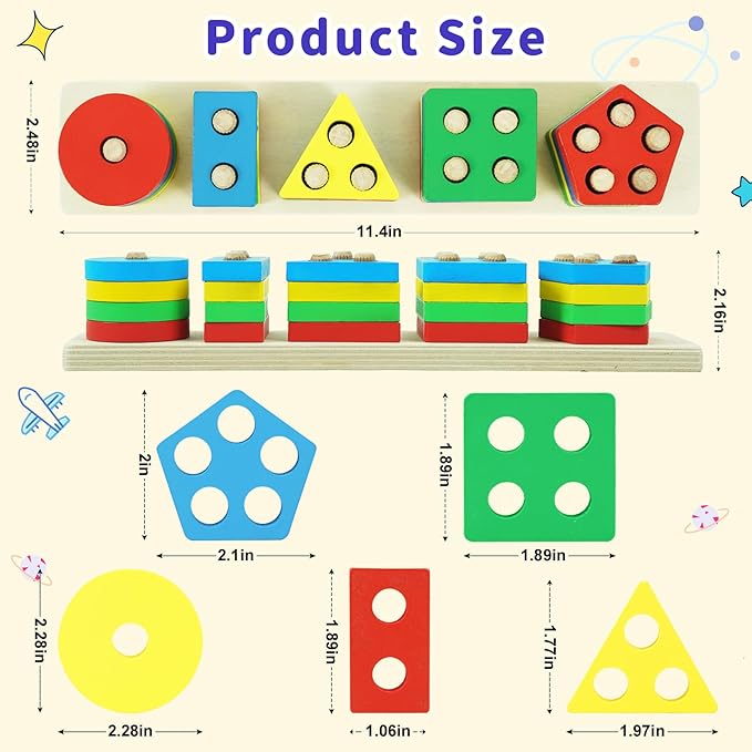 Shape Puzzles Wooden Puzzles for Toddlers 1-3, Color Shape Sorter Stacking Matching Sensory Toys Educational Learning Puzzle Toys for Boys Girls Preschool Birthday, Multicolor