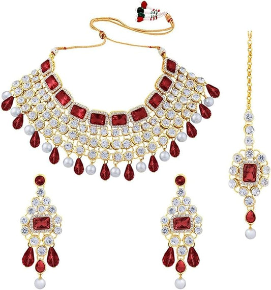 Aheli Kundan and Simulated Colored Stones Indian Ethnic Maang Tikka Necklace and Earrings Set Bollywood Festive Statement Jewelry Gift for Women