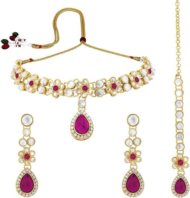 Aheli Traditional Gold Plated Kundan Beads Studded Choker Necklace Dangle Earrings & Maangtikka Set Ethnic Fashion Jewellery Gift for Women