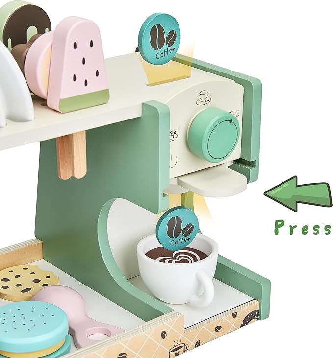 Wooden Ice Cream Toy, 3-in-1 Ice Cream Counter with Coffee Maker 28 PCS Toddler Pretend Play Kitchen Accessories Wooden Toys for 3 4 5 6 Year Old Girl or Boy (Ice Cream)