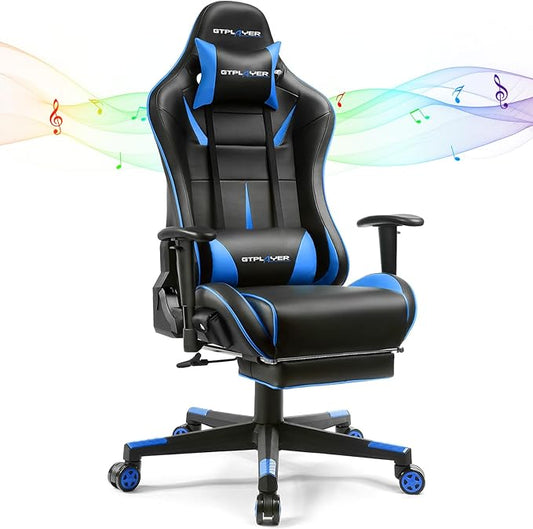 GTPLAYER Gaming Chair with Speakers, Music Gaming Recliner Chair for Adults and Kids, Height Adjustable Computer Game Reclining Chair with Footrest by GTRacing (Blue)