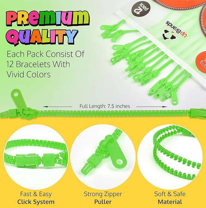 UpBrands 12-Pack Green 7-Inch Zipper Bracelets – Themed Fidget Party Favors for Earth Day, Bulk Sensory Toys for Kids, and Lucky Accessories for St. Patrick’s Day