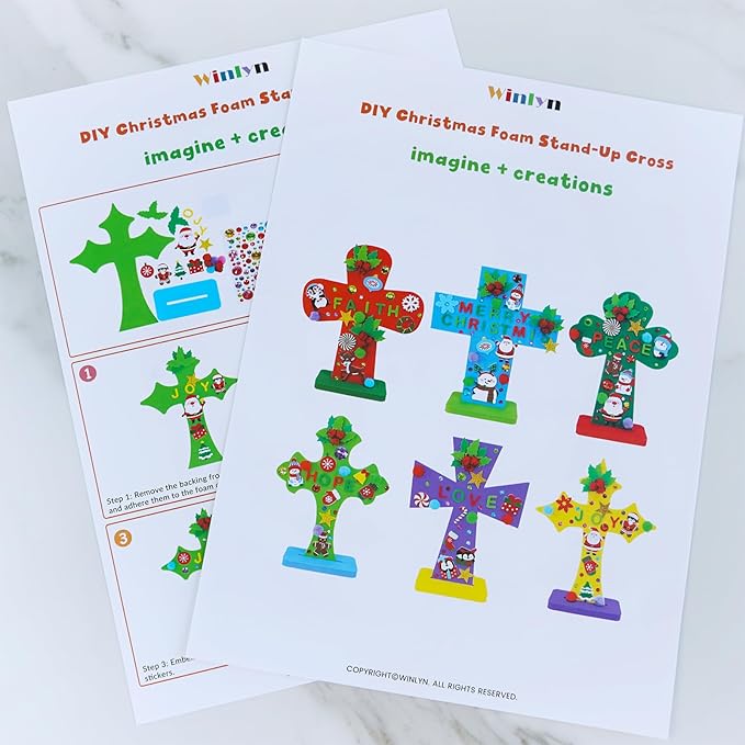 Winlyn 18 Sets Christmas Craft Kits DIY Christmas Stand-up Cross Decorations Art Sets Snowman Snowflake Christmas Foam Stickers Arts and Crafts for Kids Party Classroom Sunday School VBS Activities