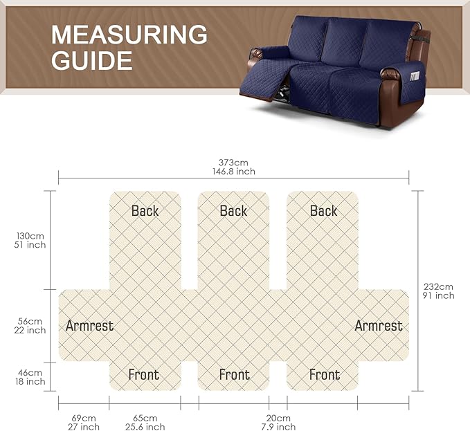 KinCam Waterproof Recliner Sofa Cover, Non-Slip Reclining Couch Covers for 3 Seat, Recliner Couch Cover Furniture Protector with Elastic Straps for Pets, Kids, Dark Blue