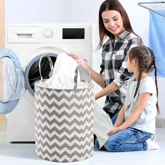 Baby Laundry Basket with Long Handles, 63L Collapsible Kids Laundry Hamper, Toy Storage Basket for Nursery, Bedroom Decor for Girls and Boys (Grey Chevron)