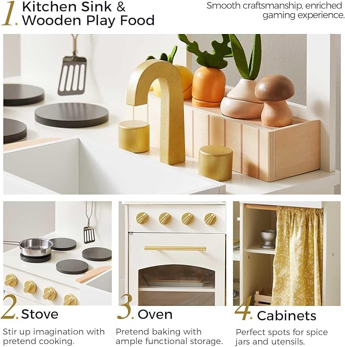 Tiny Land Play Kitchen, Kids Kitchen Playset, Toddler Kitchen with Cutting Food Set, Wooden Kitchen Sets for Kids, Best Gift for Girls and Boys