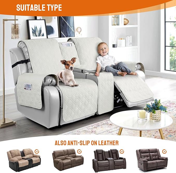 VANSOFY Loveseat Recliner Cover with Console 100% Waterproof Sofa Slipcovers Non-Slip Reclining Couch Cover Split Sofa Covers Furniture Protector for Pets, Dogs(Beige)