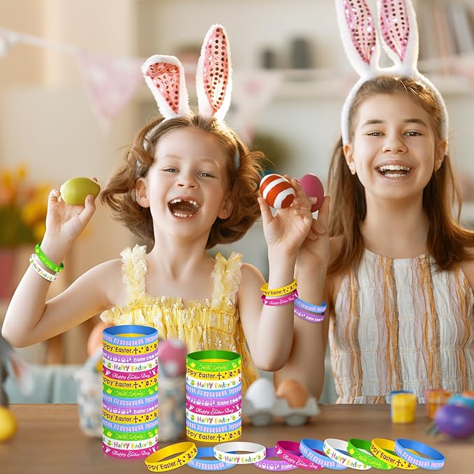 NEBURORA 48 Pcs Easter Rubber Bracelets Bunny Rabbit Egg Chick Flower Carrot Silicone Wristbands for Spring Happy Easter Party Favors Baskets Stuffers Egg Fillers