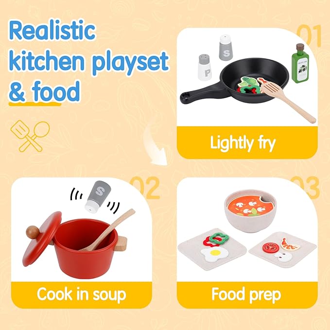 deli Wooden Play Food Set, 25Pcs Kids Play Kitchen Toys Set, Pretend Cooking Playset Acccessories for Kids Ages 3+