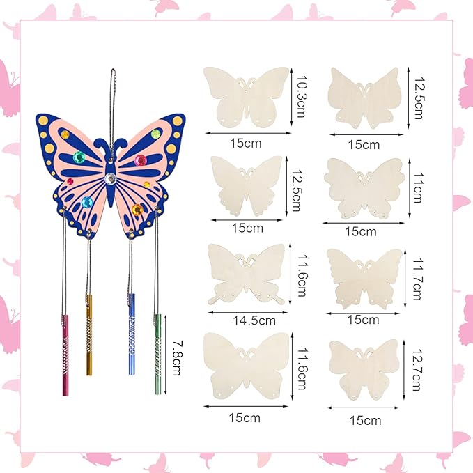 Fennoral 8 Pack Butterfly Wind Chime Kits for Kids Make Your Own Butterfly Wind Chimes Wooden Arts and Crafts Ornaments DIY to Paint Butterfly Craft for Fall Art Activity Birthday Decoration