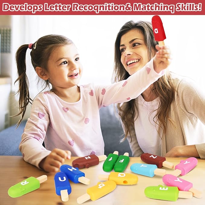 Toddler Alphabet Letters Matching Learning Toys,26 PCS Double - Sided ABC Letters Popsicle Toy Alphabet Match Game Color Sorting Recognition Fine Motor Skills Preschool Montessori Toys for Kids