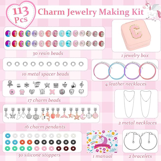 110 Charm Bracelet Making Kit, Jewelry Making Kit for Girls DIY Bead Necklace Kit with Initial Bracelet Box Unicorns Crafts Arts Girls Toys Age 8-12 Birthday Valentines Day Gifts for Kids - C