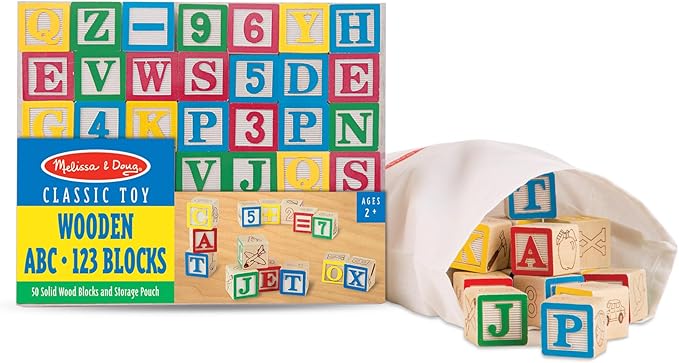 Melissa & Doug Deluxe ABC/123 1-Inch Blocks Set With Storage Pouch (50 pcs) - Letters And Numbers/ABC Classic Wooden Blocks For Toddlers And Kids Ages 2+