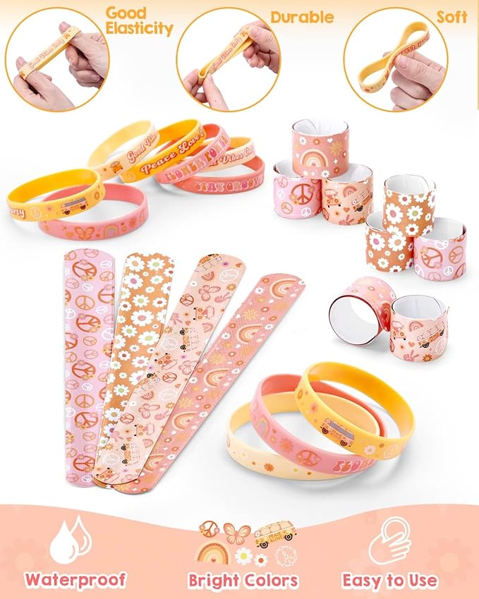Sinasasspel Groovy Party Favors Set for Kids Adults Hippie Boho Silicone Bracelets Slap Bracelets Assortment Hippie Party Supplies Daisy Birthday Decorations(24 Count)