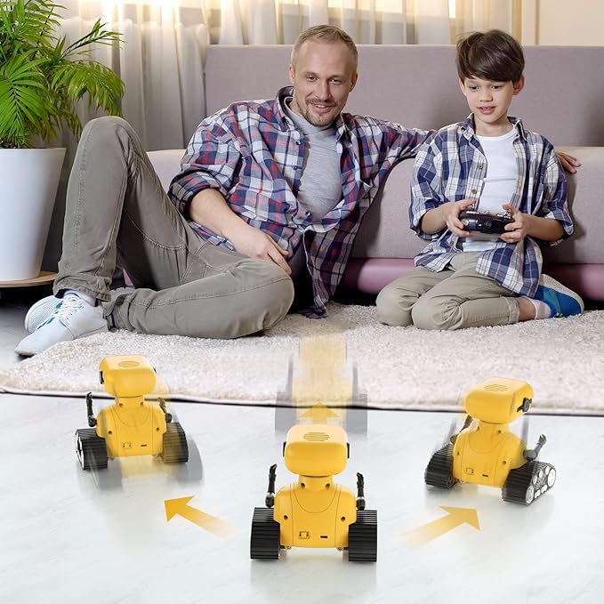 ALLCELE Robot Toys, Rechargeable RC Robots for Kids Boys, Remote Control Toy with Music and LED Eyes, Gift for Children Age 3 Years and Up - Yellow