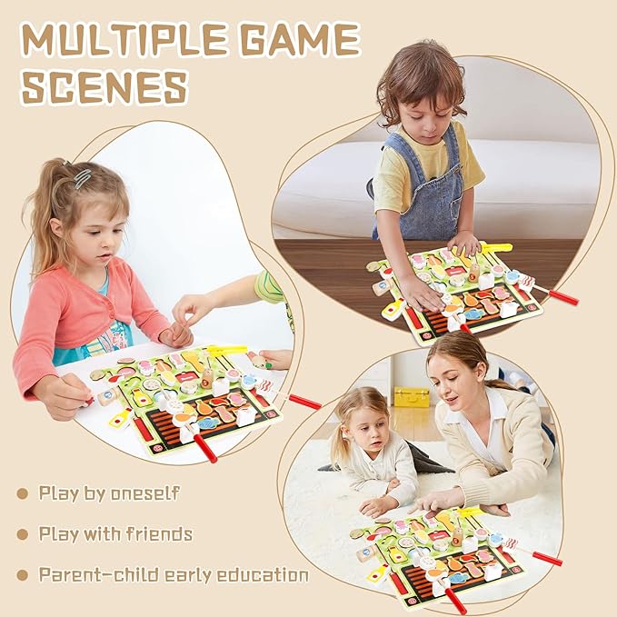 Wooden Toddler BBQ Toy Set Simulates Cooking, Grilling, Food Shape Matching Game Toddler Grill Toy for Boys and Girls 3, 4, 5, 6 Years Old, Gift for Kids