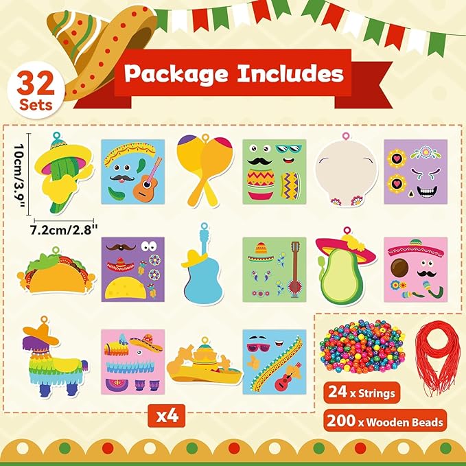 Qyeahkj Mexican Fiesta Craft Kit for Kids - 32 Pack DIY Necklaces, Taco Stickers, Arts Hanging Decoration, Party Supplies Favor, Ideal for Classroom Activities & Gift Exchange