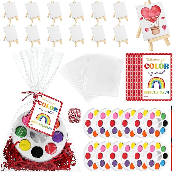 74 Pcs Valentine's Day Mini Watercolor Paint Set with Easel, Valentines Gift Watercolor Painting Bulk 8 Colors Watercolor Paints with Cards for Party Art Supplies Beginner Painting